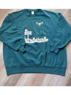 VTG Morning Sun Winter Graphic Crewneck Sweatshirt Grandma Sweater Yellow 2XL